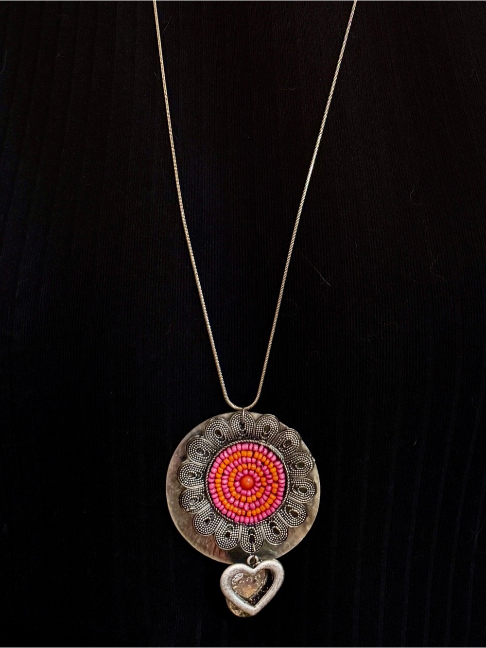 Bohemian Silver Pendant Necklace with Pink Bead Accent and shell